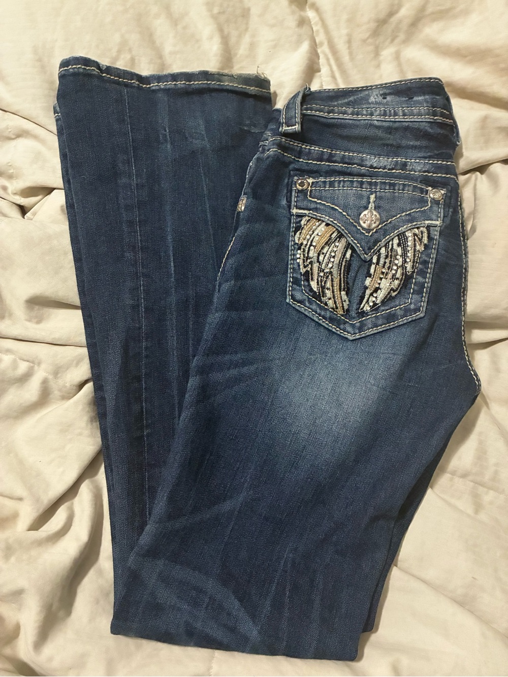 Miss Me Blue Bootcut Jeans with Embellished Wing Pocket - Picture 2 of 4